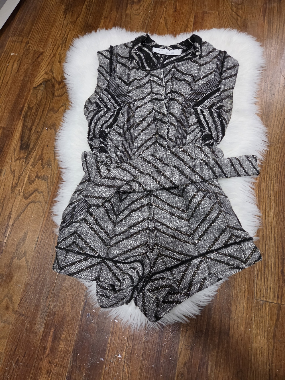IRO Black & Silver Metallic Patterned Romper with Tie Waist